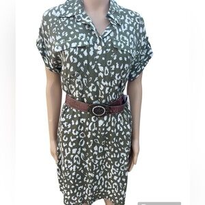 Easel, green, leopard print shirt dress